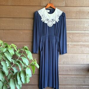 Vintage Karin Stevens Navy Dress with White Lace Collar